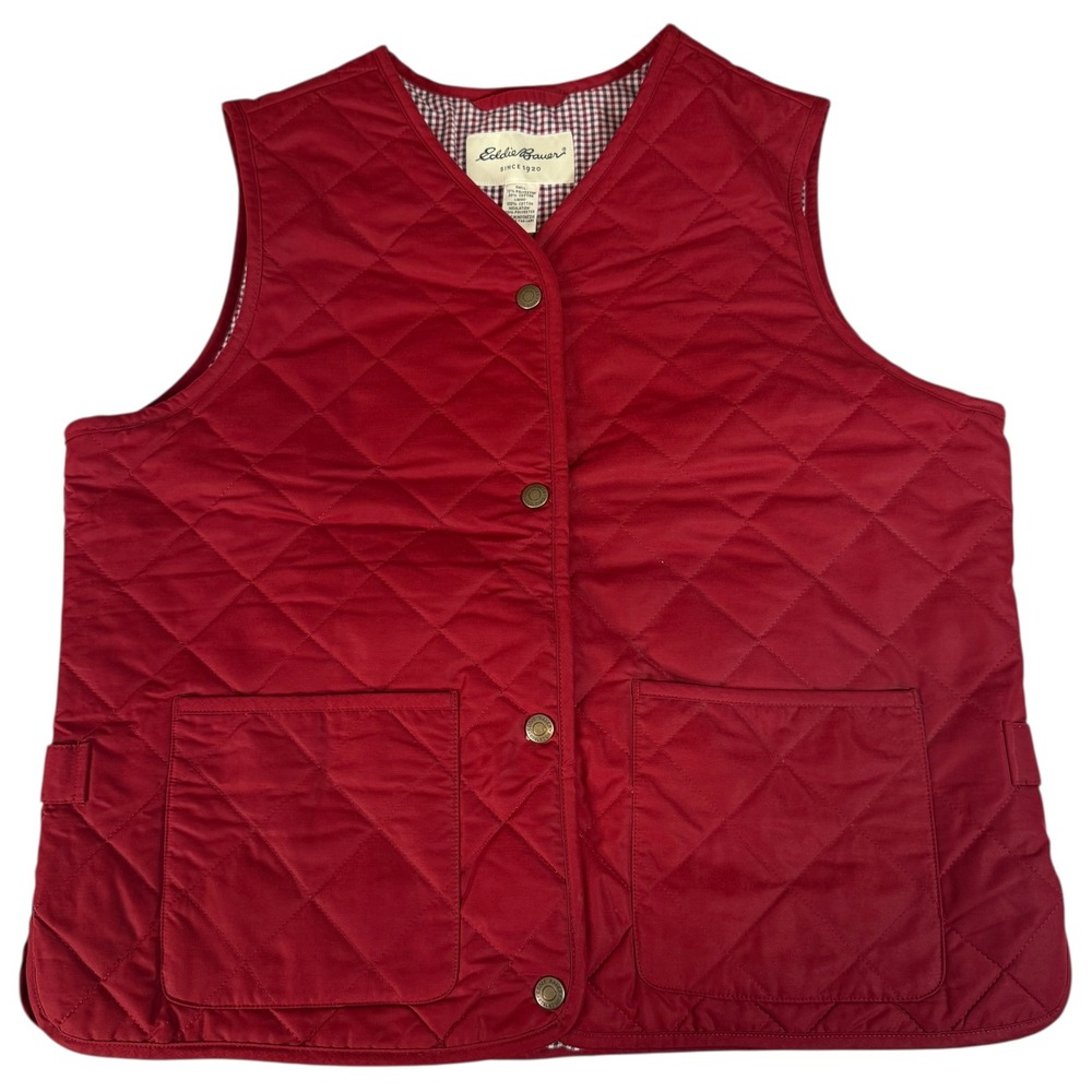 Vintage Eddie Bauer Mens Red Quilted Snap Front Vest Gingham Lining Large Preppy